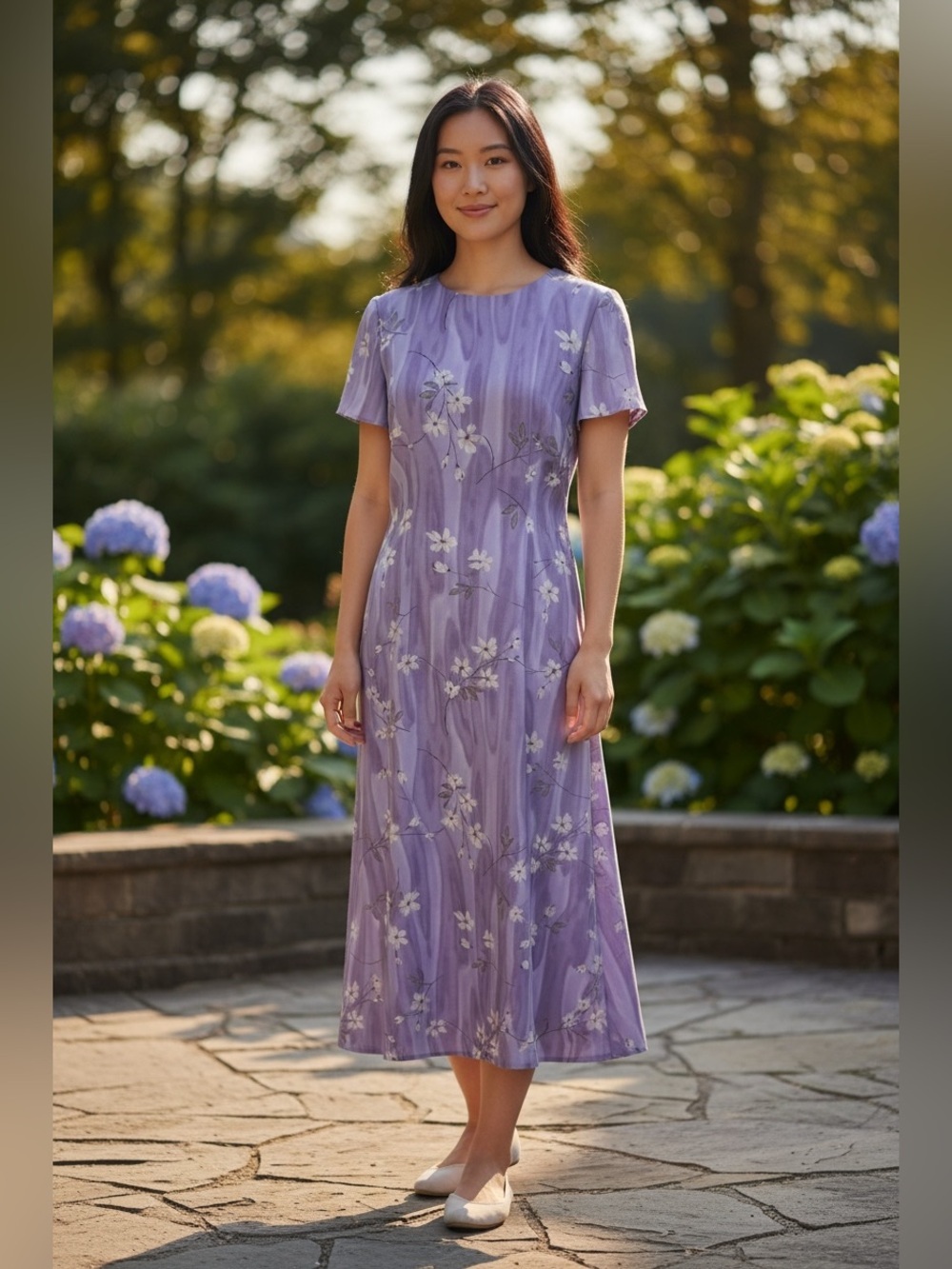 Vintage 90s Casual Corner Lavender Maxi Dress with Tie Blossom Print Modest Sz 6